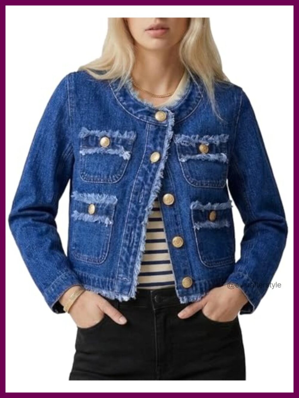 Frayed Cropped Denim Jacket Collarless Button-Front Women's Jean Jacket
